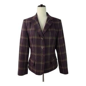 Talbots Purple Wine Green Yellow Plaid Wool Jacket Blazer Coat Vintage USA 8